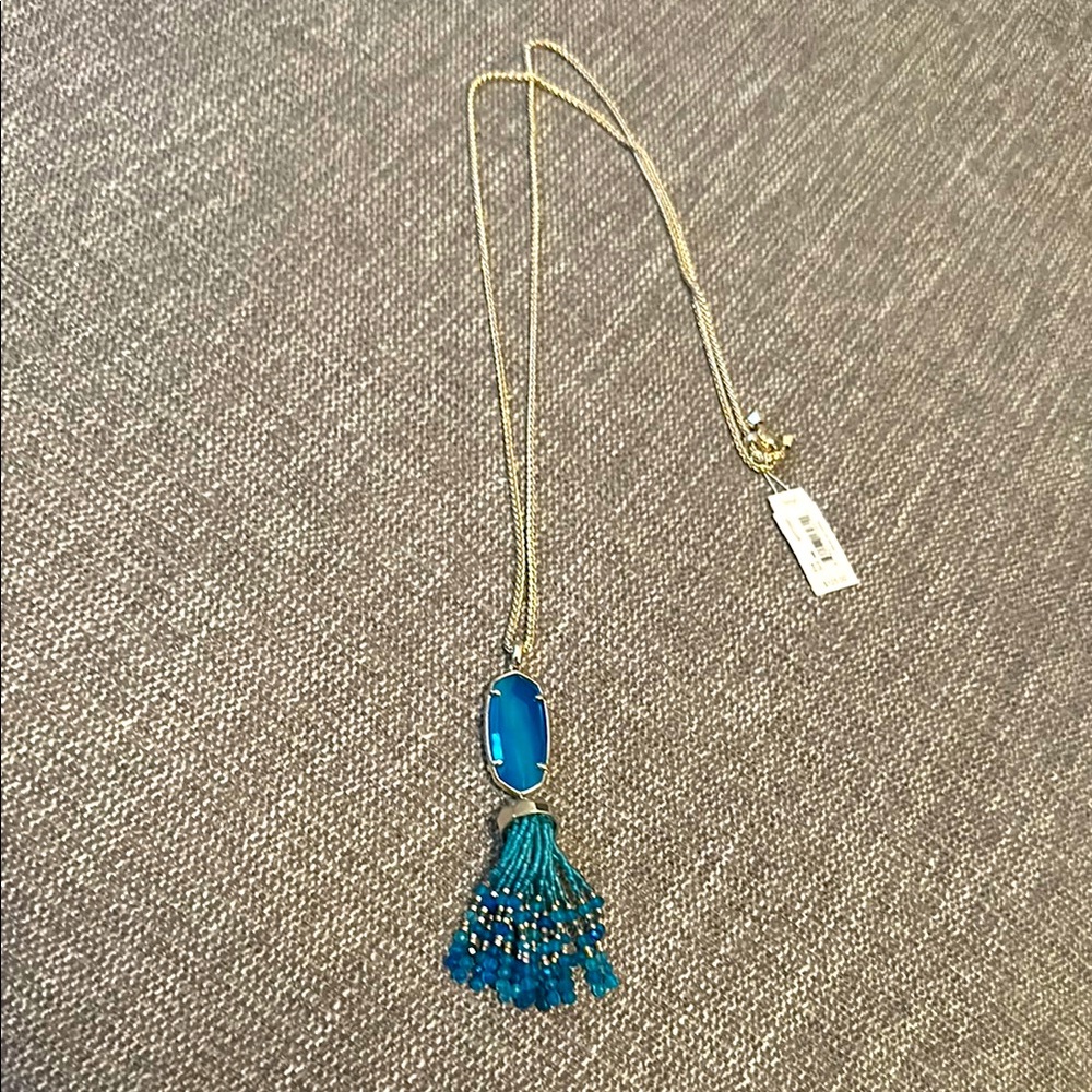 Kendra Scott Gold Eva Necklace with Teal Blue Stone and Teal Tassel